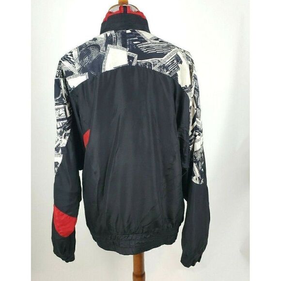 Vintage 80s 90s Black Red Studio Art Print Silk Track Jacket Windbreaker Sz S - Picture 5 of 9